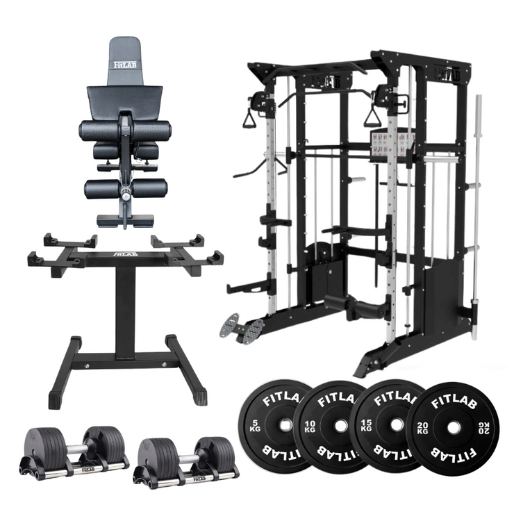 Bring the Gym Home - Ultimate Versatility (FX200 + Adjustable Bench + Adjustable Dumbbells + Black Weight Plates)