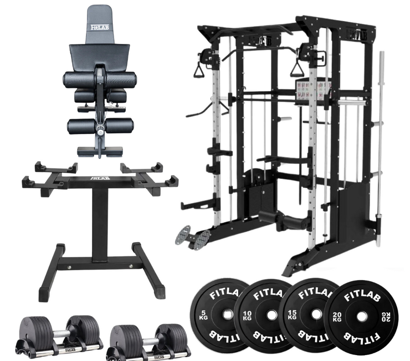 Bring the Gym Home - Ultimate Versatility (FX200 + Adjustable Bench + Adjustable Dumbbells + Black Weight Plates)