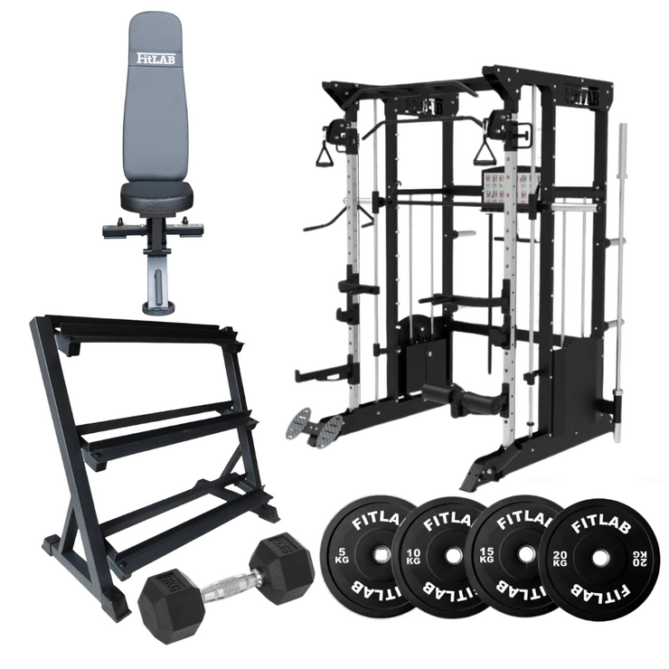Bring the Gym Home - Essential Lifting Combo (FX200 + Commercial Bench + Dumbbells + Black Weight Plates)