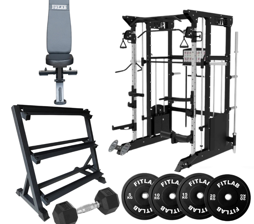 Bring the Gym Home - Essential Lifting Combo (FX200 + Commercial Bench + Dumbbells + Black Weight Plates)