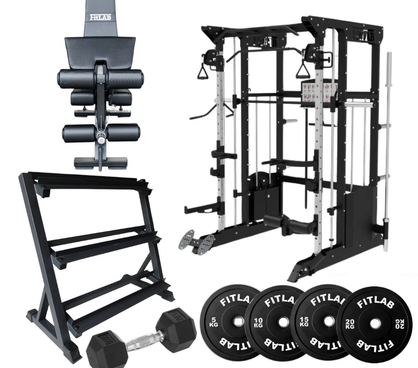 Bring the Gym Home - Flexible Lifting Station (FX200 + Adjustable Bench + Dumbbells + Black Weight Plates)