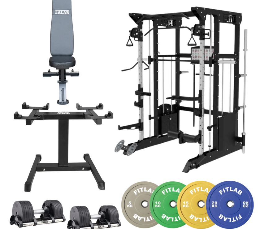 Bring the Gym Home - The Colour Powerhouse (FX200 + Commercial Bench + Adjustable Dumbbells + Coloured Weight Plates)