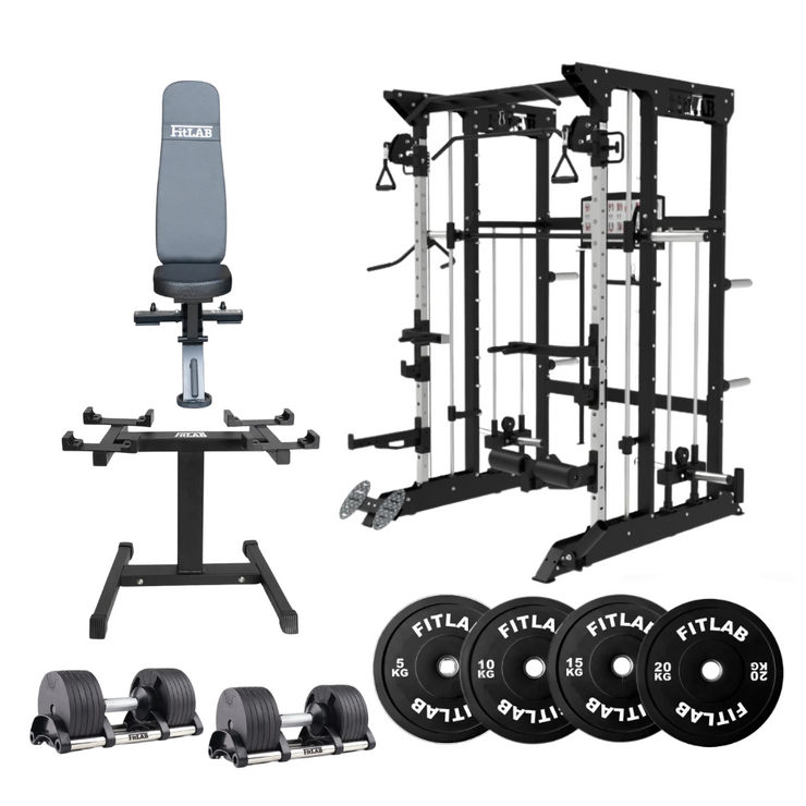 Bring the Gym Home - The Power Trio (FX100 + Commercial Bench + Adjustable Dumbbells + Black Weight Plates)