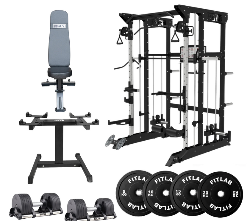 Bring the Gym Home - The Power Trio (FX100 + Commercial Bench + Adjustable Dumbbells + Black Weight Plates)