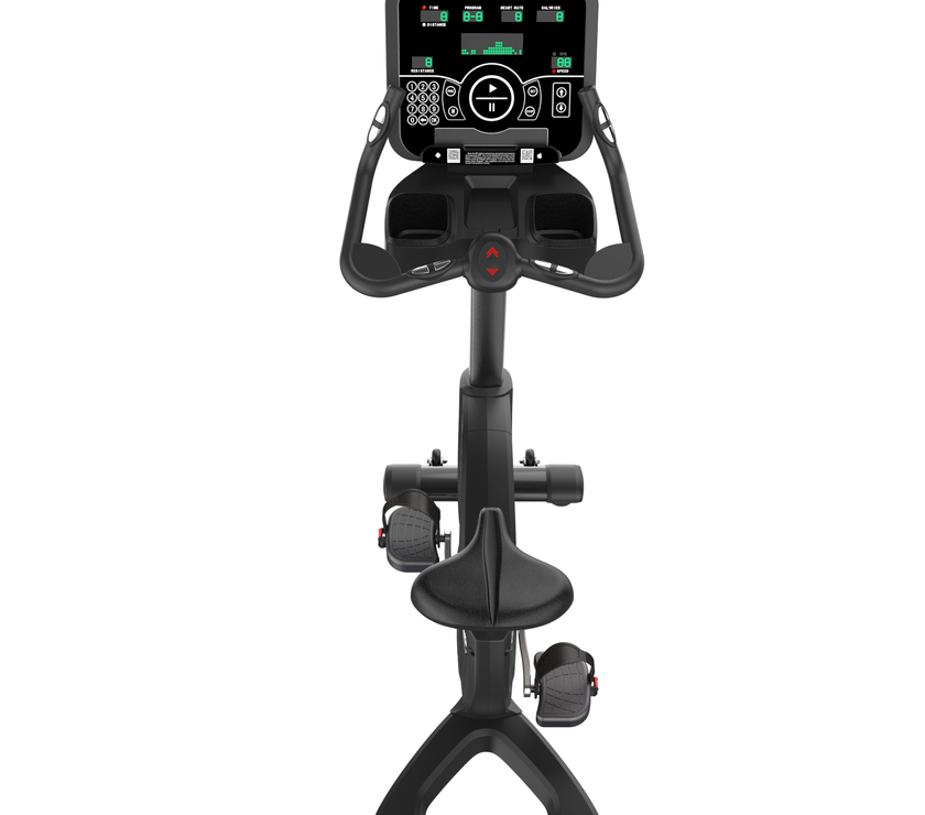 Black spin workout bicycle exercise bike with digital display on a white background