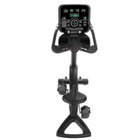 Black spin workout bicycle exercise bike with digital display on a white background
