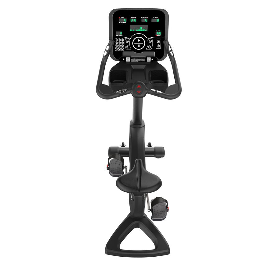 Black spin workout bicycle exercise bike with digital display on a white background