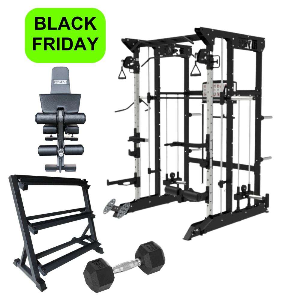 Black Friday Sale: Home gym cable machine + functional trainer features, rowing cable, smith machine with cables, cable crossover, lat pull cable + dumbbell, rack & bench.