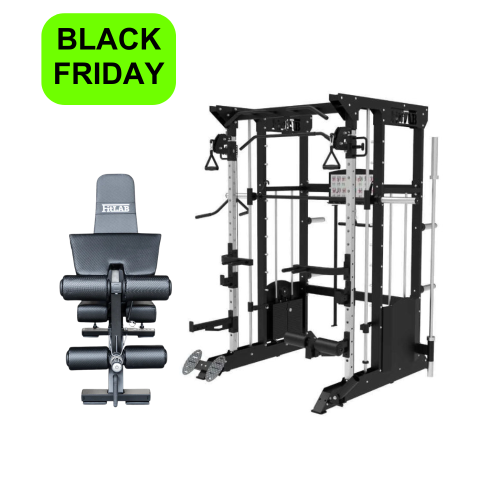 Black Friday Sale on a home gym cable machine with functional trainer features, smith machine, seated machine rowing & lat pull cable plus adjustable bench.