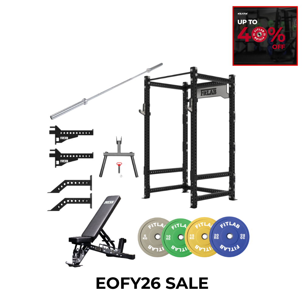Fitlab home gym equipment bundle featuring a black power rack, adjustable weight bench, barbell, mounting plates, and colorful weight plates 