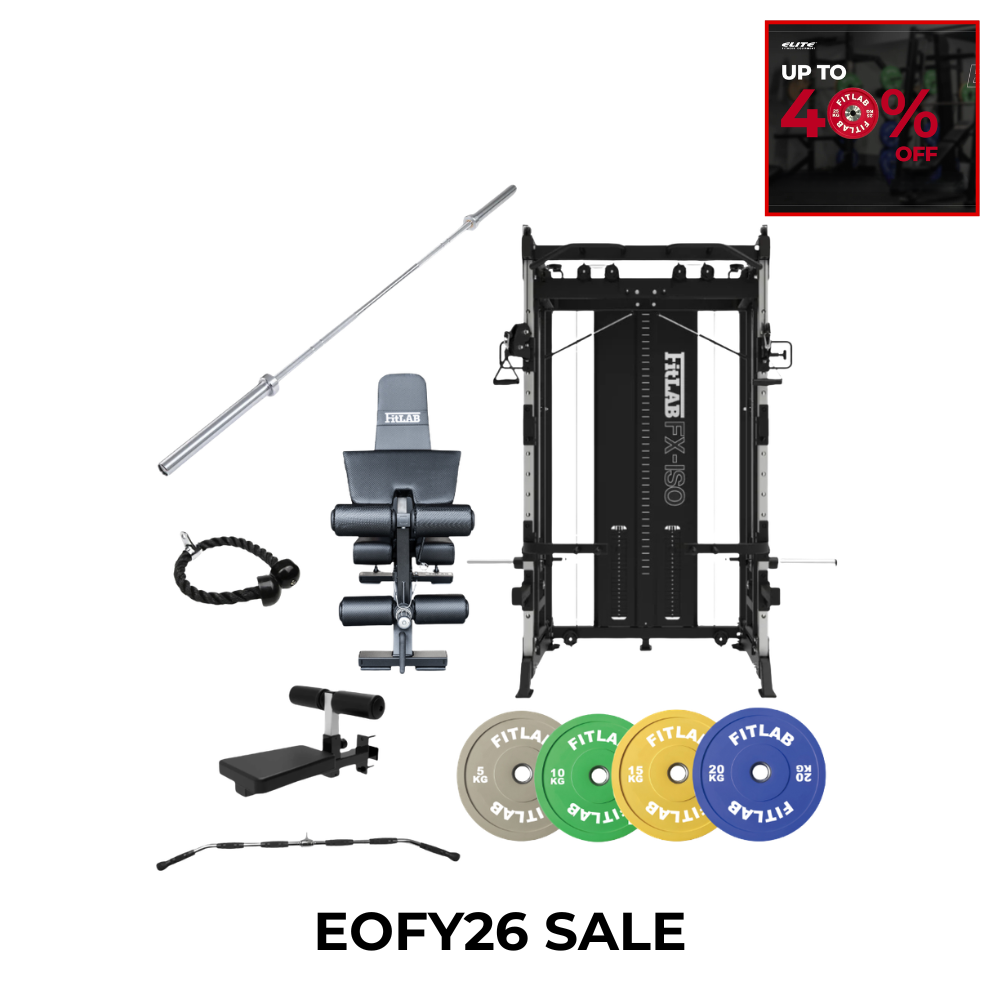FITLAB Eofy26 home gym equipment bundle on a white background, including a black multi-functional strength training frame, silver barbell, weight bench, cable pulley system, foot platform, and four colored weight plates (gray, green, yellow, blue). 