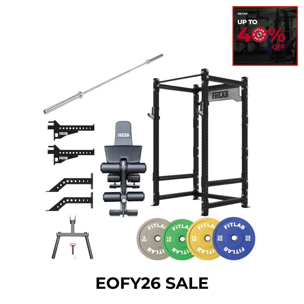 FITLAB home gym equipment bundle featuring a black power rack, weight bench, barbell, mounting brackets, weight plates, and a safety stand