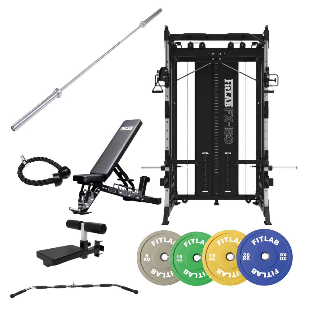A fitness bundle set including a black and silver Titan Power multi-grip machine, a weight bench, a barbell, a cable pulley, a push-up bar, and four colored weight plates (gray, green, yellow, blue) 