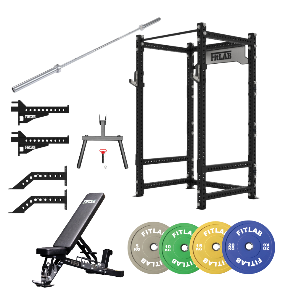 Collection of fitness equipment including a power rack, bench, barbell, and weight plates 