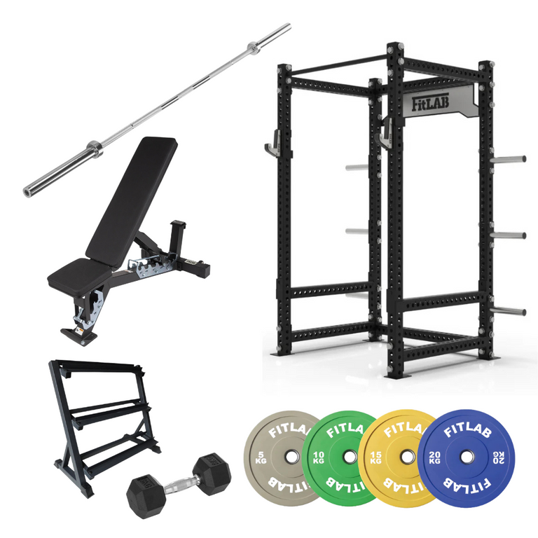Collection of weightlifting equipment including a power rack, bench, barbell, dumbbells, and weight plates 