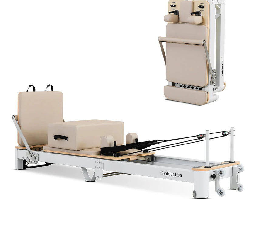 Shop the portable Contour Pro Pilates Reformer machine in beige. Perfect for home exercises, compact folding design, and smooth, effective workouts.