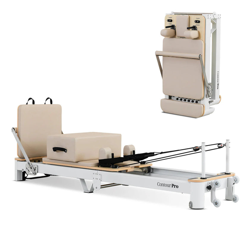Shop the portable Contour Pro Pilates Reformer machine in beige. Perfect for home exercises, compact folding design, and smooth, effective workouts.