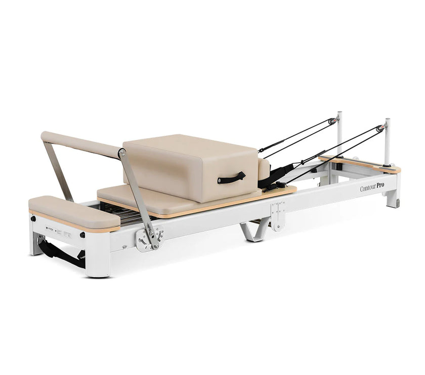 Shop the portable Contour Pro Pilates Reformer machine in beige. Perfect for home exercises, compact folding design, and smooth, effective workouts.