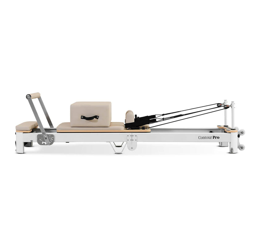 Shop the portable Contour Pro Pilates Reformer machine in beige. Perfect for home exercises, compact folding design, and smooth, effective workouts.