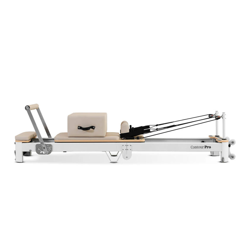 Shop the portable Contour Pro Pilates Reformer machine in beige. Perfect for home exercises, compact folding design, and smooth, effective workouts.