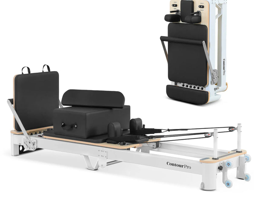 Shop the Contour Pro portable Pilates reformer machine. Perfect for home Pilates reformer exercises. Buy now and enjoy a durable, foldable, high-quality design.