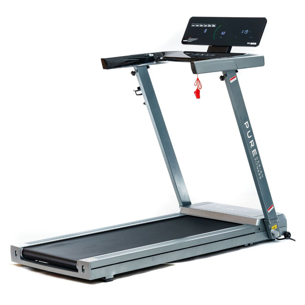 A modern foldable treadmill with a black frame and grey running machine for sale, featuring a console display and tool-free assembly design.