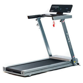 A modern foldable treadmill with a black frame and grey running machine for sale, featuring a console display and tool-free assembly design.