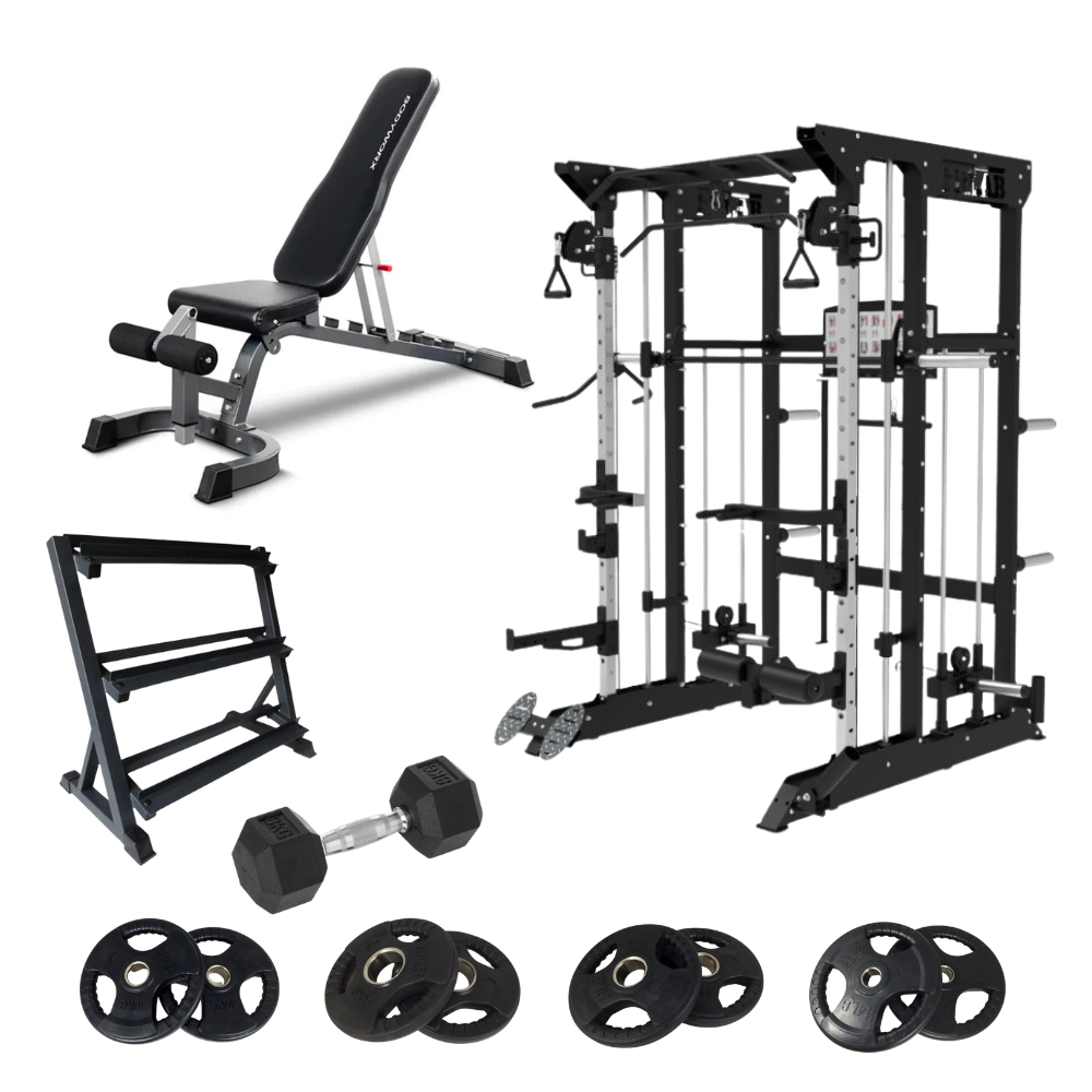 Home Gym Package  including an adjustable weight bench, gym cable machine, smith machine , dumbbell, weight storage rack, air exercise cycling bike, power rack with FitLab weight plates 