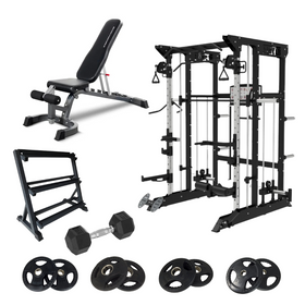 Home Gym Package  including an adjustable weight bench, gym cable machine, smith machine , dumbbell, weight storage rack, air exercise cycling bike, power rack with FitLab weight plates 