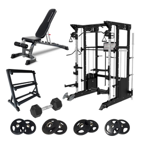 Home Gym Package  including an adjustable weight bench, cable machine, smith machine , dumbbell, weight storage rack, power rack with FitLab weight plates 