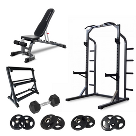 Home Gym Package  including an adjustable weight bench, smith machine , dumbbell, weight storage rack, air exercise cycling bike, squat rack with FitLab weight plates 