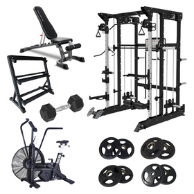 Home Gym Package  including an adjustable weight bench, cable machine, smith machine , dumbbell, weight storage rack, air exercise cycling bike, power rack with FitLab weight plates 
