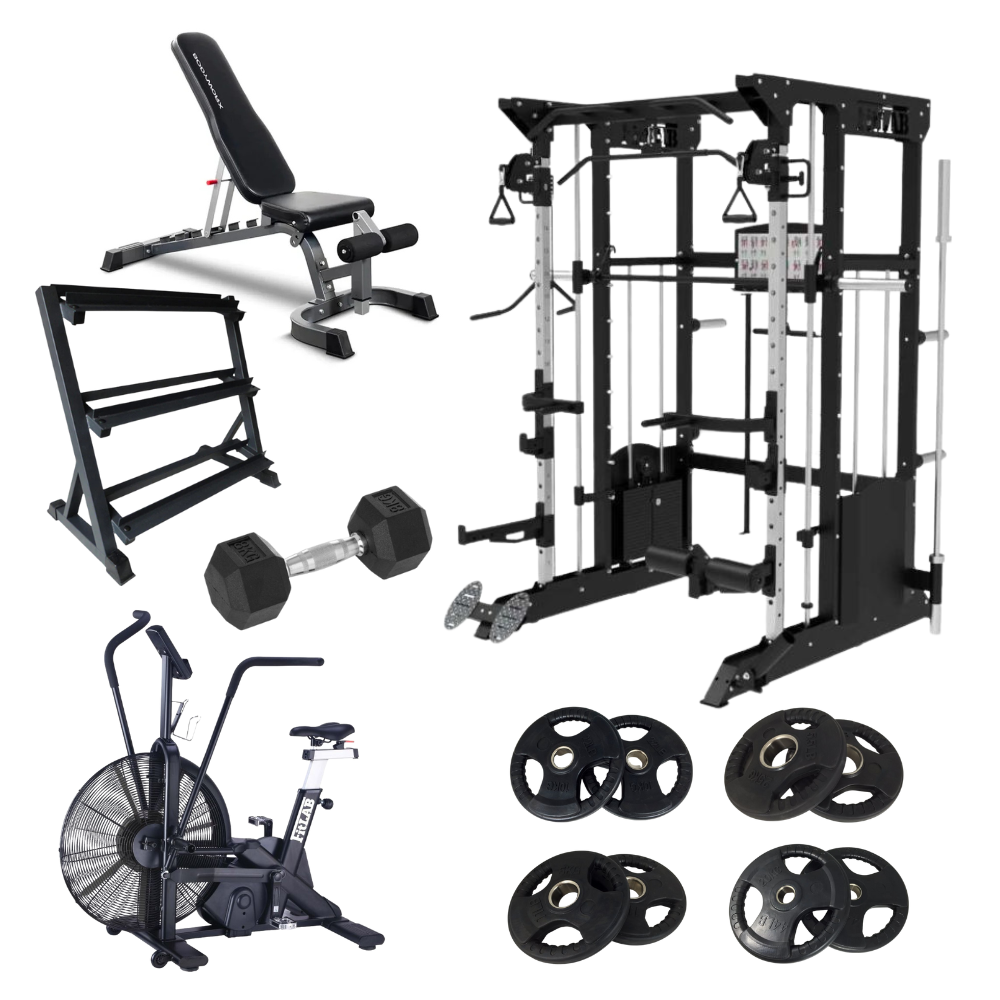 Gym equipment Home Gym Package  including an adjustable weight bench, cable machine, smith machine , dumbbell, weight storage rack, stationary exercise cycling bike, power rack with FitLab weight plates 