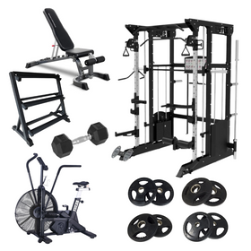 Gym equipment Home Gym Package  including an adjustable weight bench, cable machine, smith machine , dumbbell, weight storage rack, stationary exercise cycling bike, power rack with FitLab weight plates 