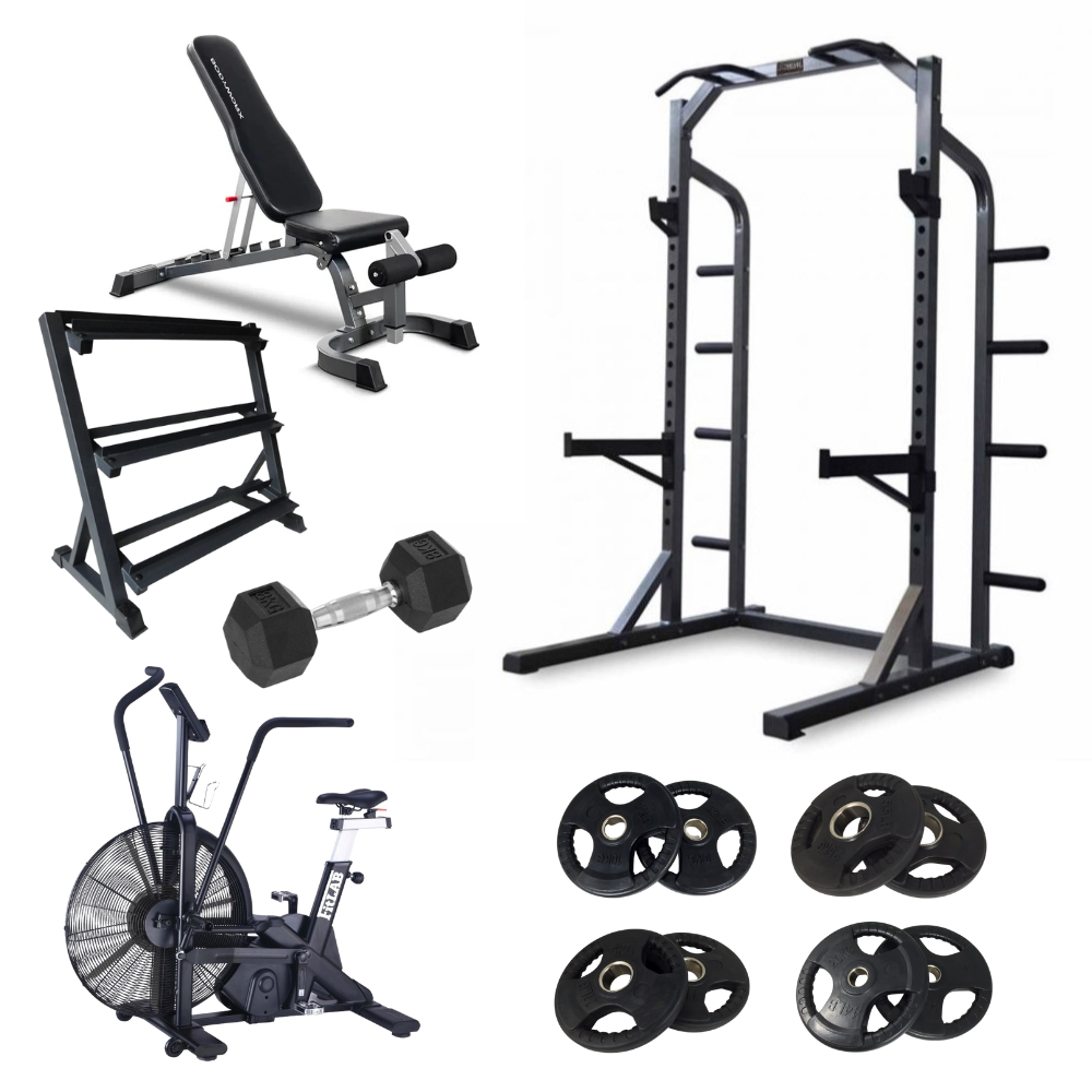 Gym equipment Home Gym Package  including an adjustable weight bench,  smith machine , dumbbell, weight storage rack, air exercise cycling bike, power rack with Fitlab color weight plates 