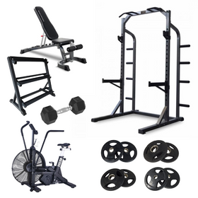 Gym equipment Home Gym Package  including an adjustable weight bench,  smith machine , dumbbell, weight storage rack, air exercise cycling bike, power rack with Fitlab color weight plates 