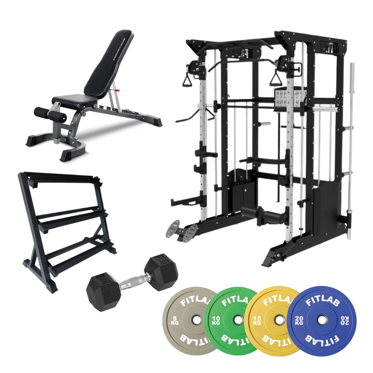Gym equipment Home Gym Package  including an adjustable weight bench, cable machine, smith machine , dumbbell, weight storage rack, with FitLab color weight plates 