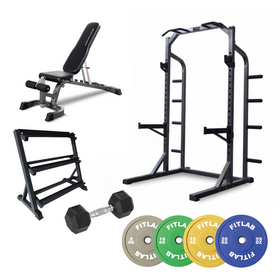 Gym equipment Home Gym Package  including an adjustable weight bench, cable machine, smith machine , dumbbell, weight storage rack,  power rack with FitLab color weight plates 