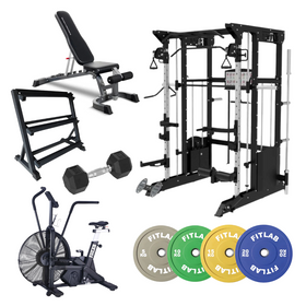 Gym equipment Home Gym Package  including an adjustable weight bench, cable machine, smith machine , dumbbell, weight storage rack, stationary exercise cycling bike, power rack with FitLab color weight plates 