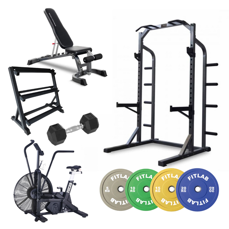 Gym equipment Home Gym Package  including an adjustable weight bench, smith machine , dumbbell, weight storage rack, stationary exercise cycling bike, power rack with FitLab color weight plates 