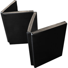 A black vinyl gym mat folded four times, showing its thick padding and compact design.